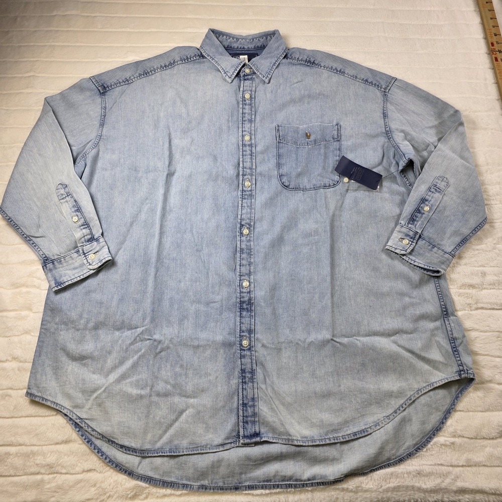 Polo Ralph Lauren Oversize Denim Shirt Womens L Blue Chambray Flesh Pony Unisex